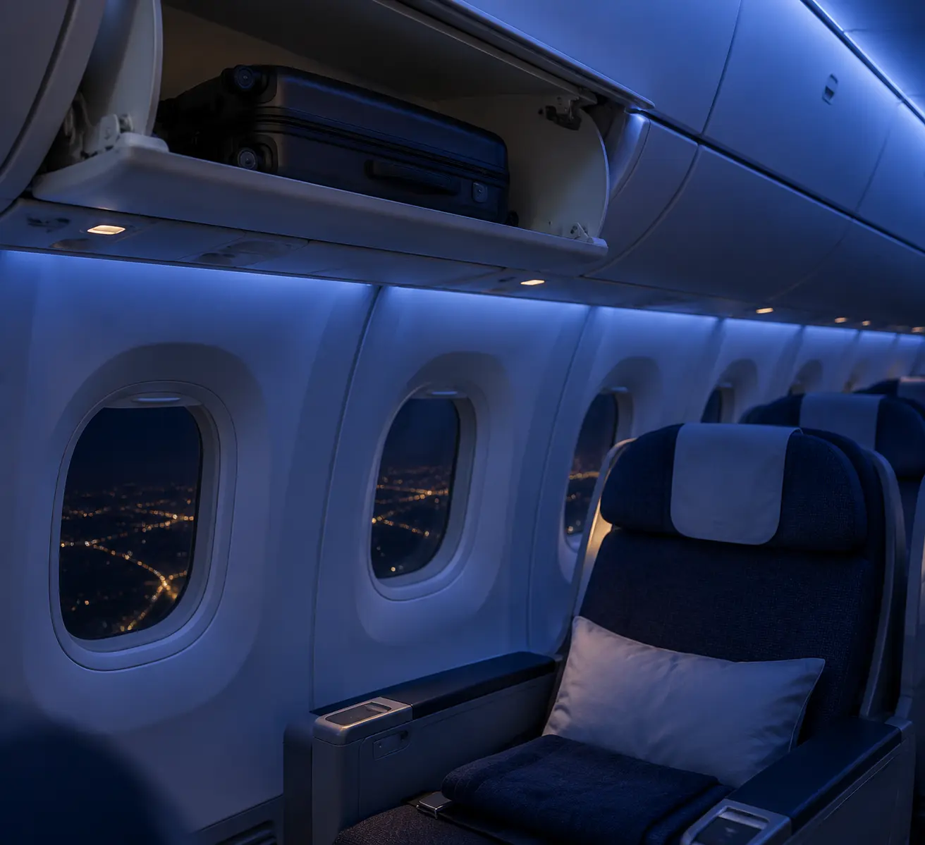 Ручная кладь и чемодан в салоне дальнемагистрального лайнера Turkish Airlines перед ночным перелётом на 11 часов в Стамбул