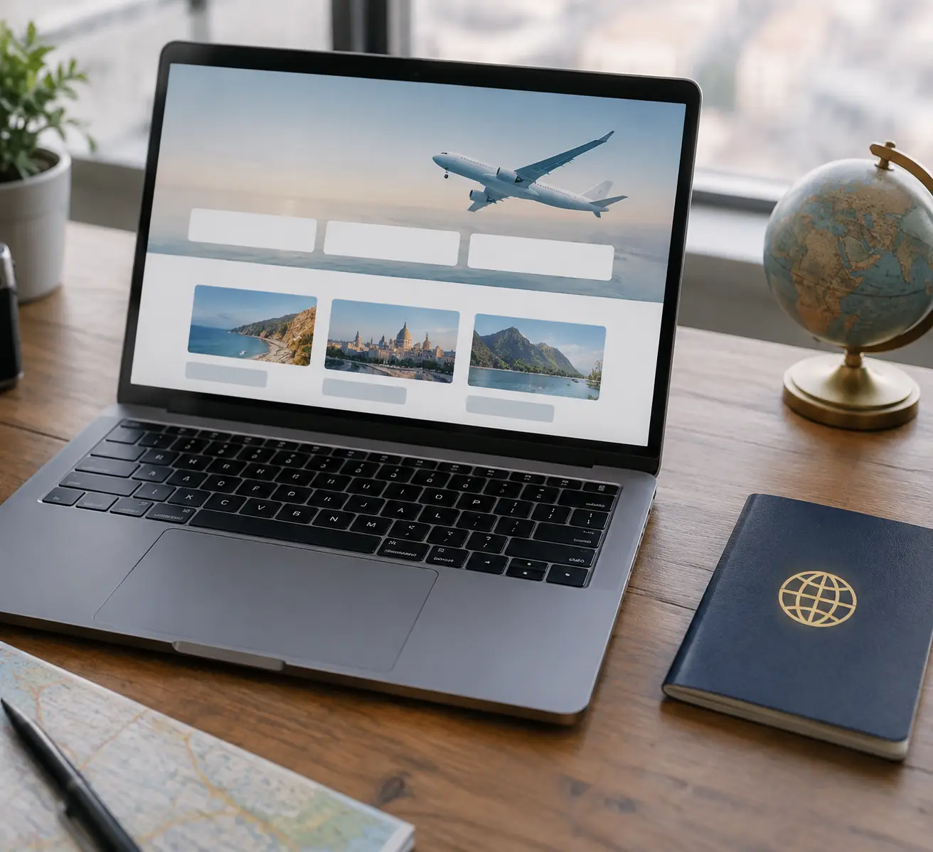Ноутбук с открытой страницей Japan Airlines стоит рядом с паспортом, показывая контекст проверки языка интерфейса перед покупкой билета.