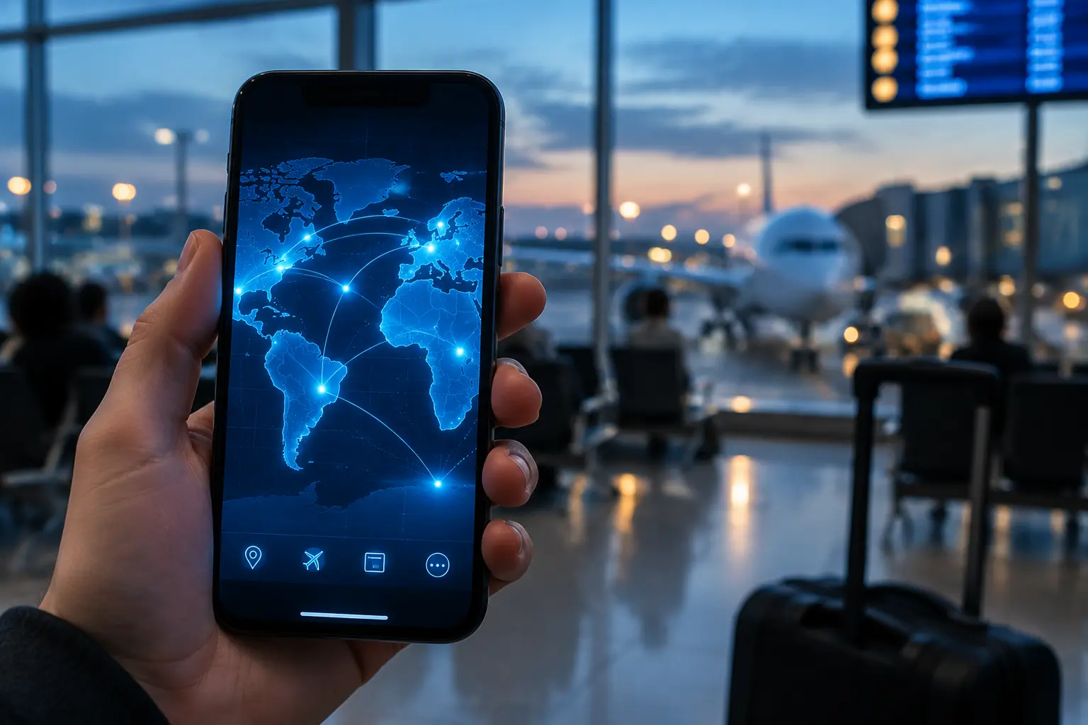 Экран смартфона с приложением Turkish Airlines, где открыта карта стыковки в аэропорту Стамбула в 23:40 по местному времени