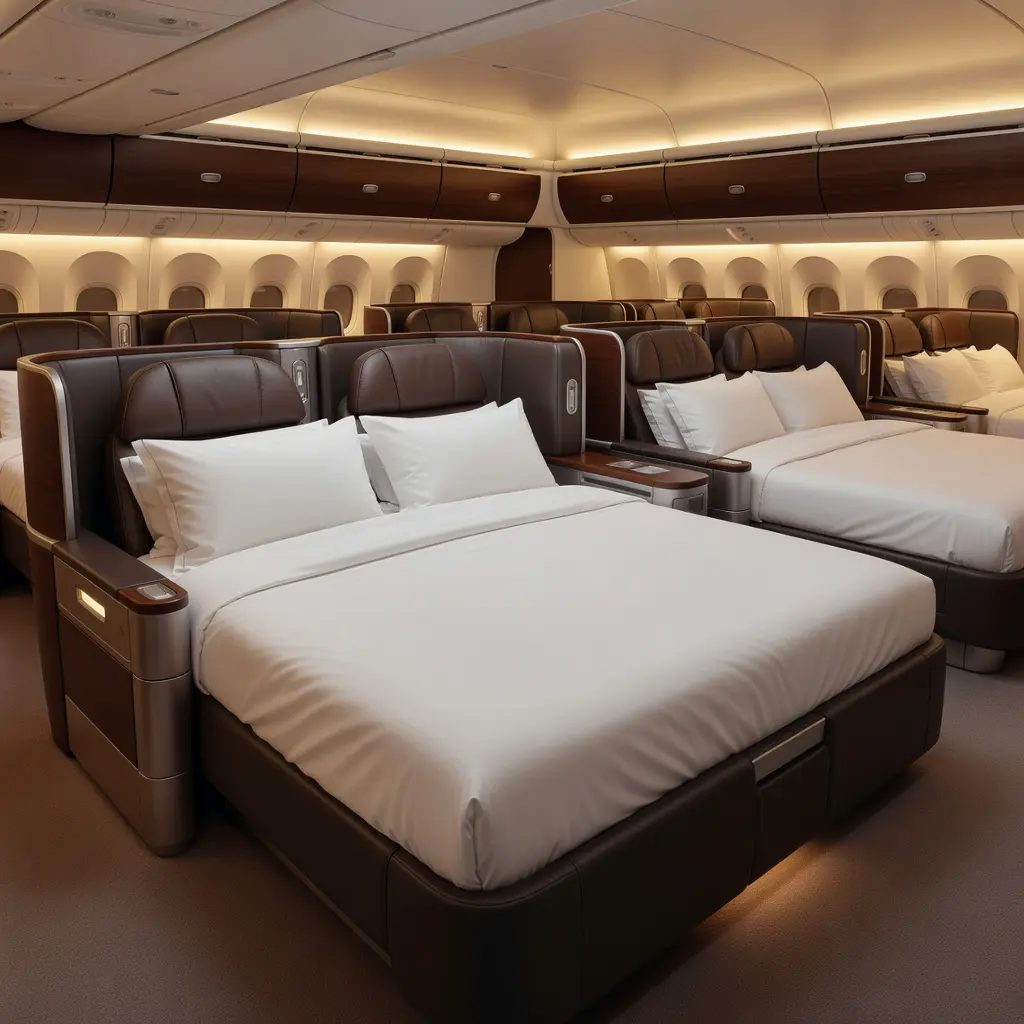 Салон бизнес-класса на дальнемагистральном Boeing 777 с креслами, разложенными в горизонтальные кровати вдоль иллюминаторов