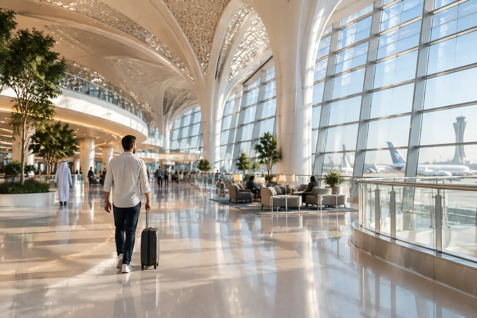 Пассажир с ручной кладью идёт по просторному коридору Terminal A аэропорта Абу-Даби к следующему выходу после международного прилёта.