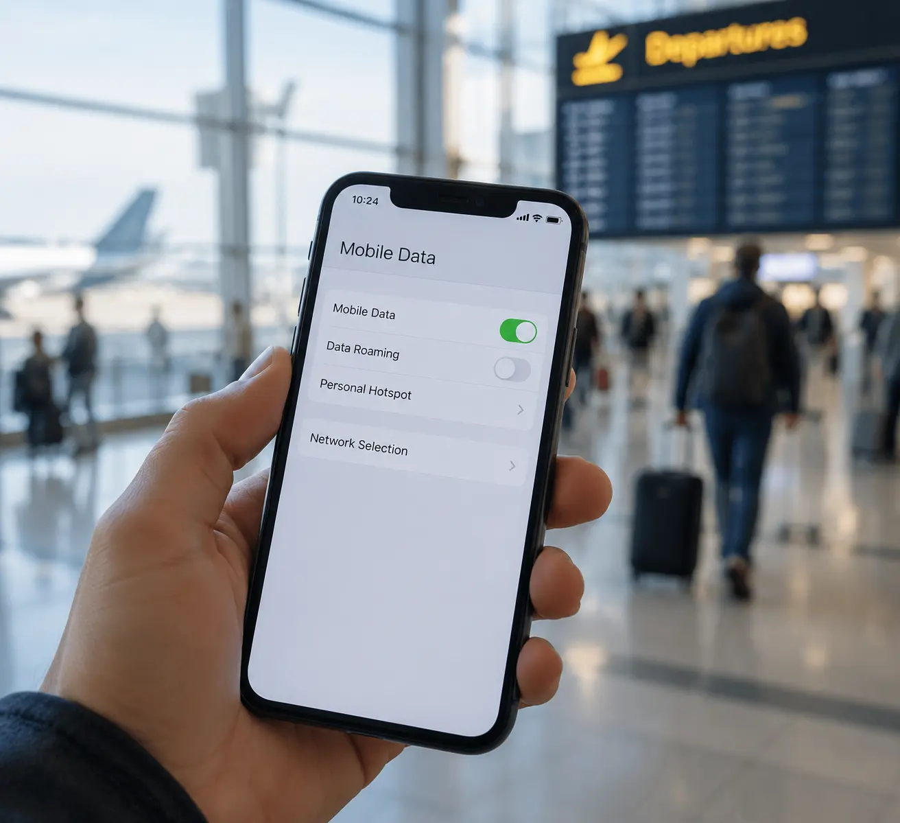 Рука с телефоном открывает меню настроек eSIM в зале ожидания аэропорта Дохи, на заднем плане табло рейсов в Сан-Паулу.
