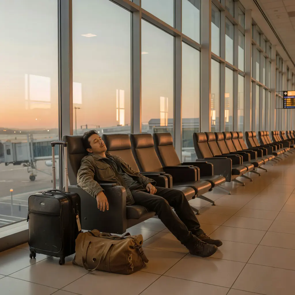 Пассажир с ручной кладью спит в кресле стерильной зоны Changi Terminal 3, рядом указатель с номером выхода на посадку B4.
