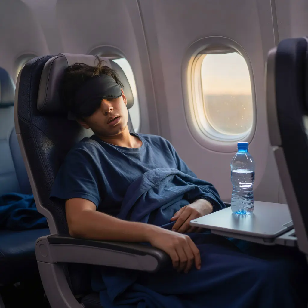 Путешественник в маске для сна держит бутылку воды в кресле Boeing 787 за два часа до посадки в Сингапуре, за окном рассвет.