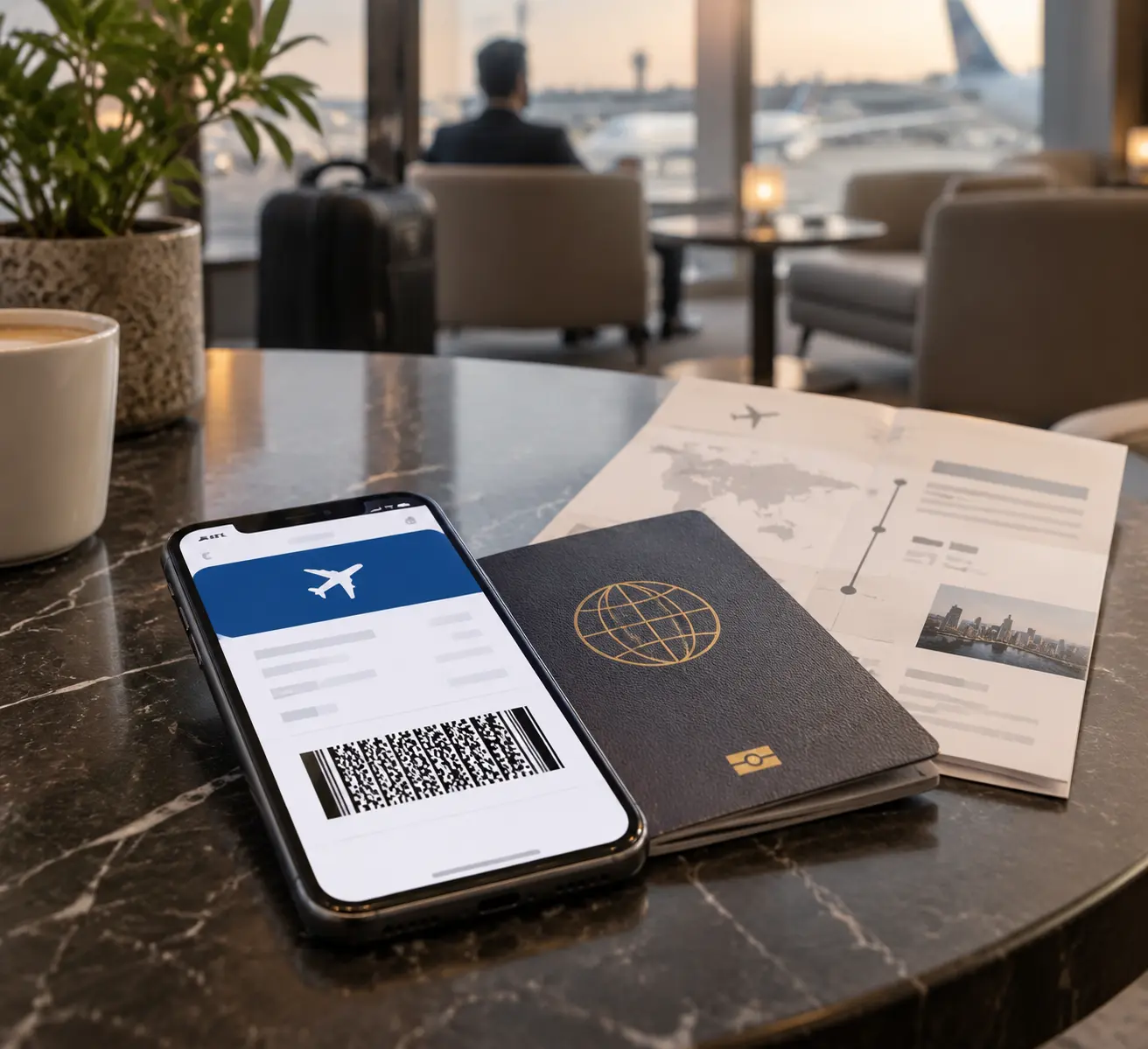 Телефон с открытым посадочным талоном Emirates в приложении рядом с паспортом и распечаткой маршрута в зале ожидания аэропорта Сингапура