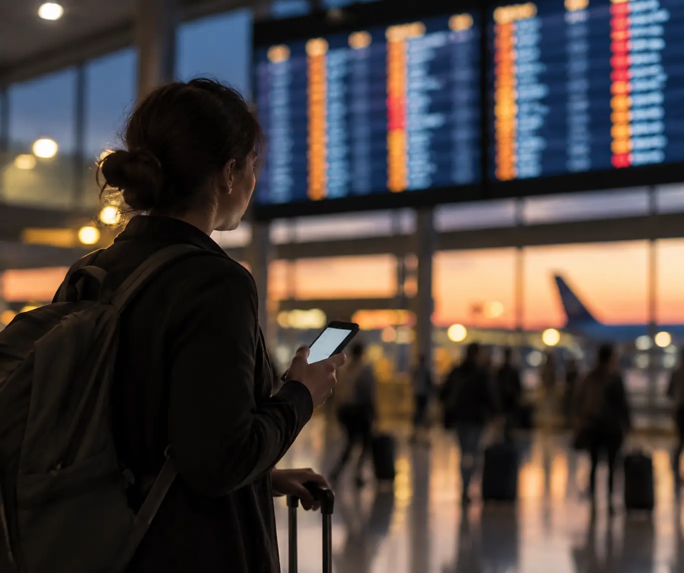 Монитор с сайтом Turkish Airlines в стамбульском аэропорту, где пассажир вечером сверяет расписание и время стыковки рейсов