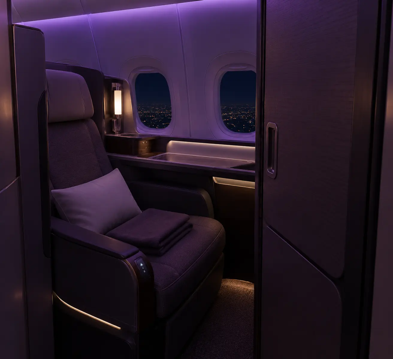 Салон бизнес-класса Qsuite на борту Boeing 777 Qatar Airways во время ночного перелёта Доха - Окленд с закрытой шторкой у кресла