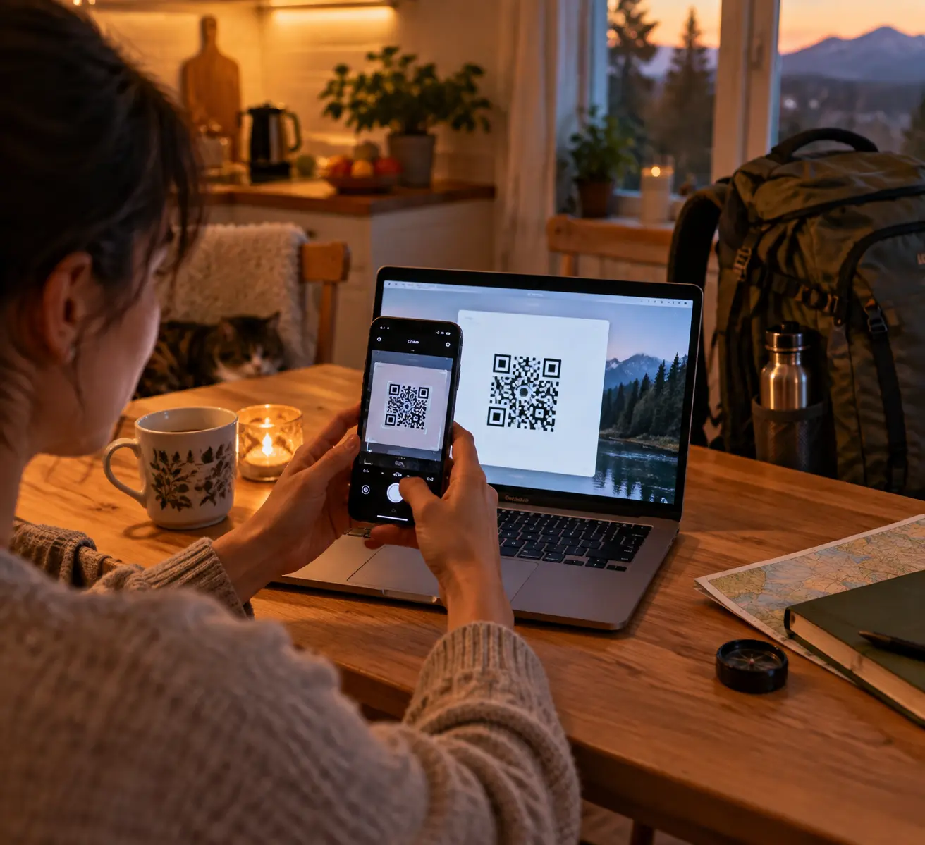 Владелец телефона сканирует QR-код профиля eSIM на экране ноутбука за кухонным столом за два дня до дальнего перелёта.