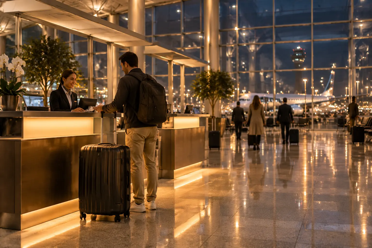 Пассажир с чемоданом у стойки регистрации Qatar Airways в терминале аэропорта Хамад перед ночным рейсом в Окленд длительностью 18 часов