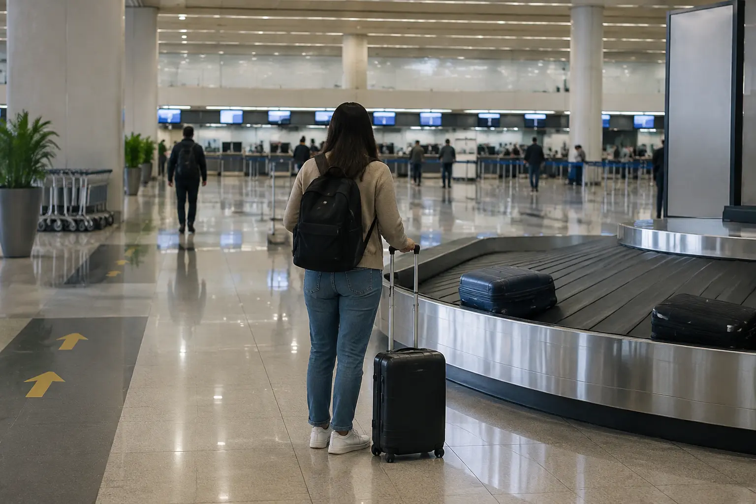 Пассажир с чемоданом стоит у багажной ленты в транзитном аэропорту, где отдельные билеты могут потребовать повторной регистрации.